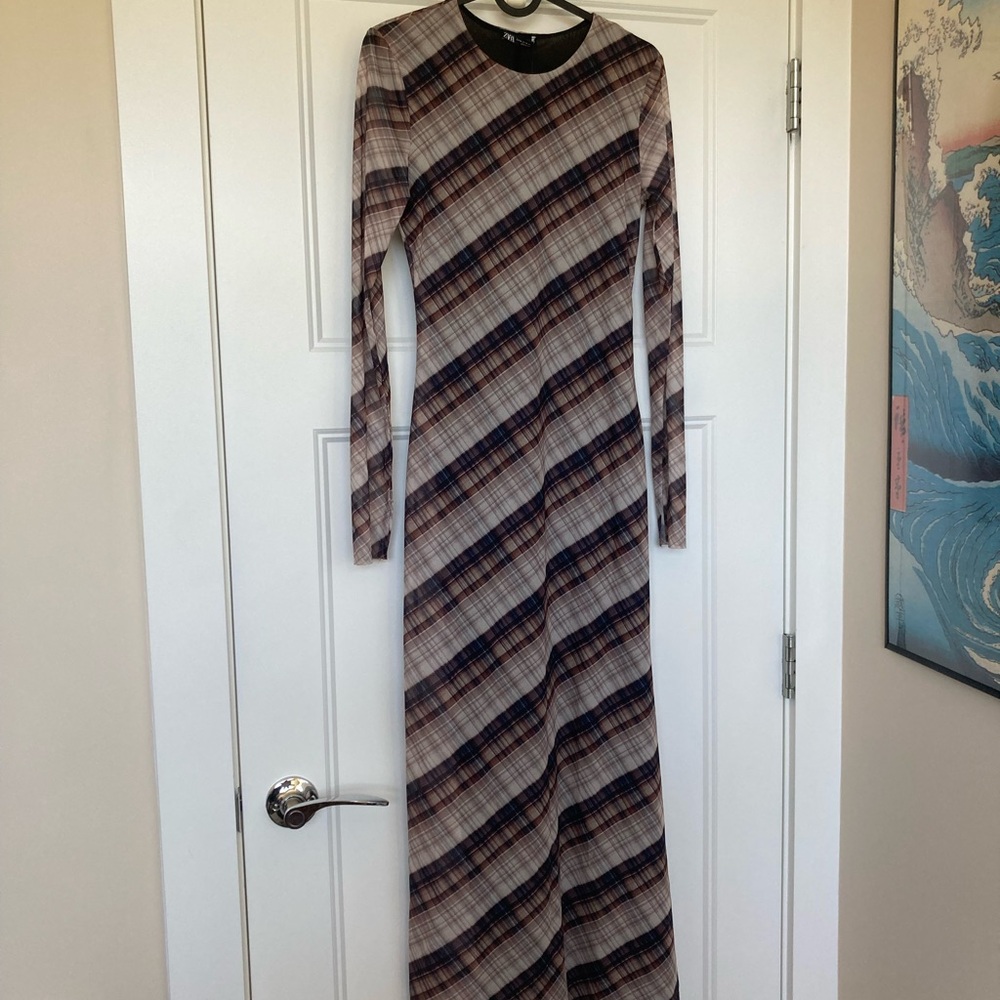 Zara Plaid Long Sleeve Maxi Dress